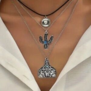 Boho Vintage Cowboy Hat Cactus Wine Bottle Silver 3 Layer Turquoise Necklace
